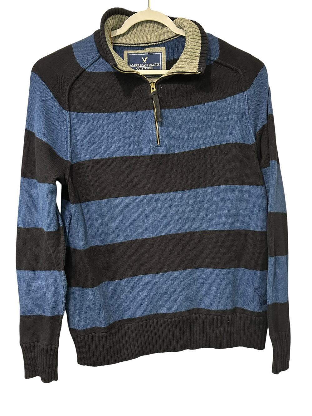 American Eagle Y2K Sweater Preppy Rugby Blue Black Striped Quarter Zip Mens XXL